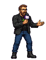 Adam Starling, pixel art, holding a microphone